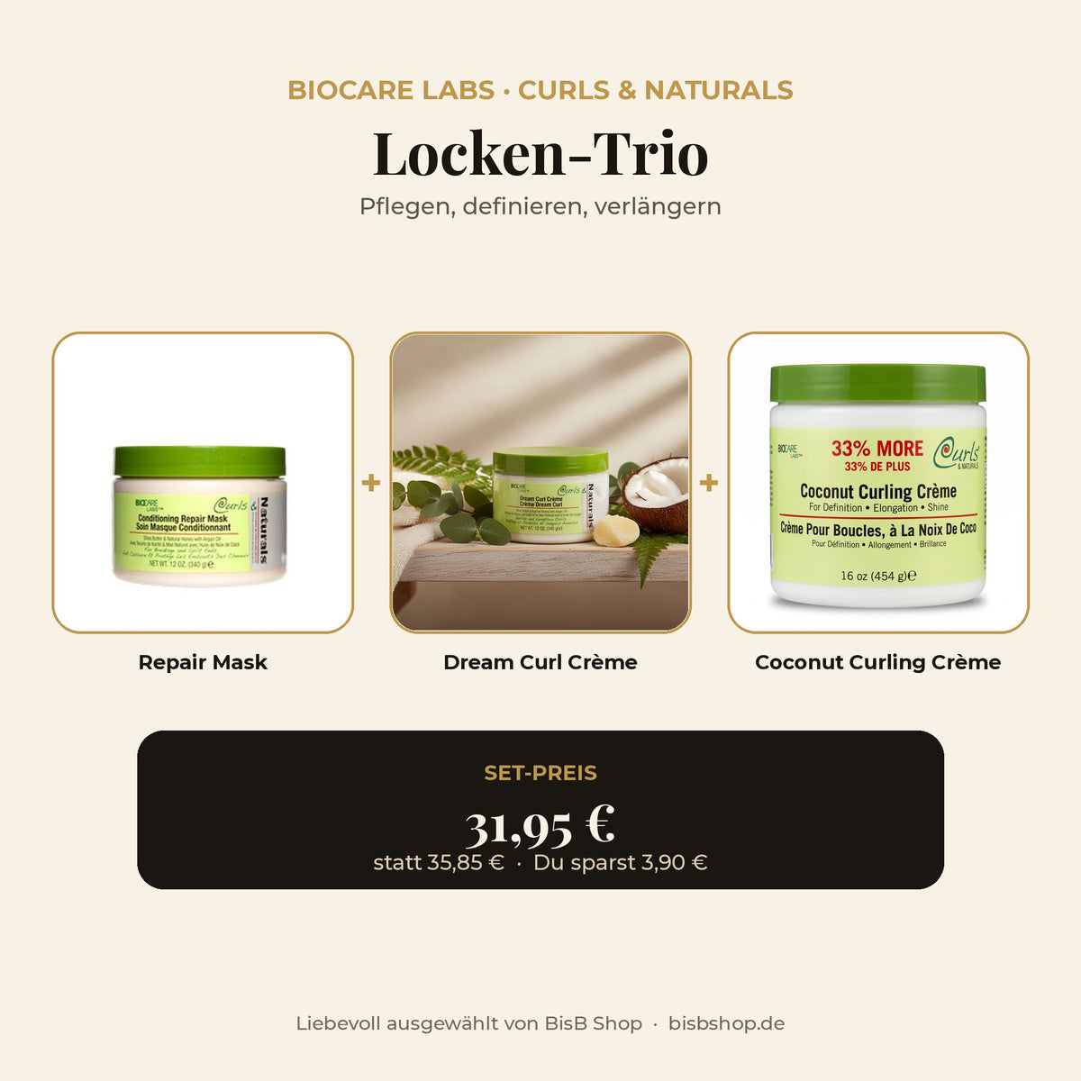 Biocare Labs Curls & Naturals Locken-Trio – Repair Mask, Dream Curl Crème und Coconut Curling Crème