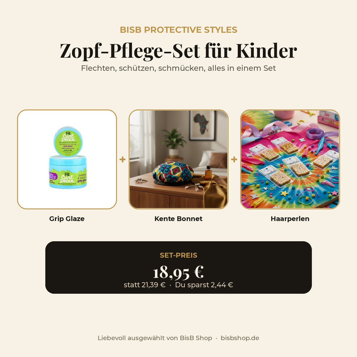 Zopf-Pflege-Set für Kinder mit Grip Glaze, Kente Bonnet und Haarperlen