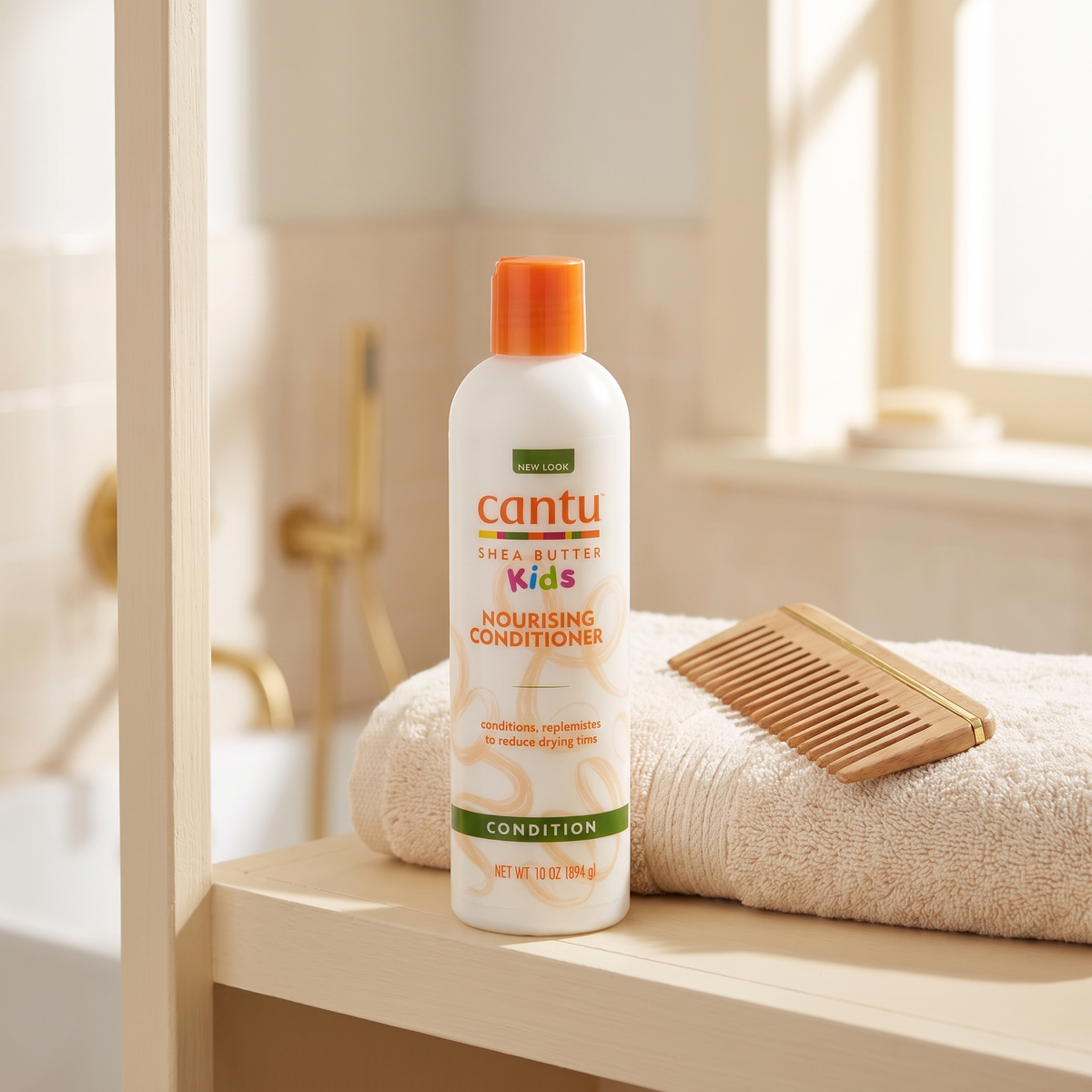 Cantu Kids Nourishing Conditioner im Badezimmer mit Handtuch und Holzkamm