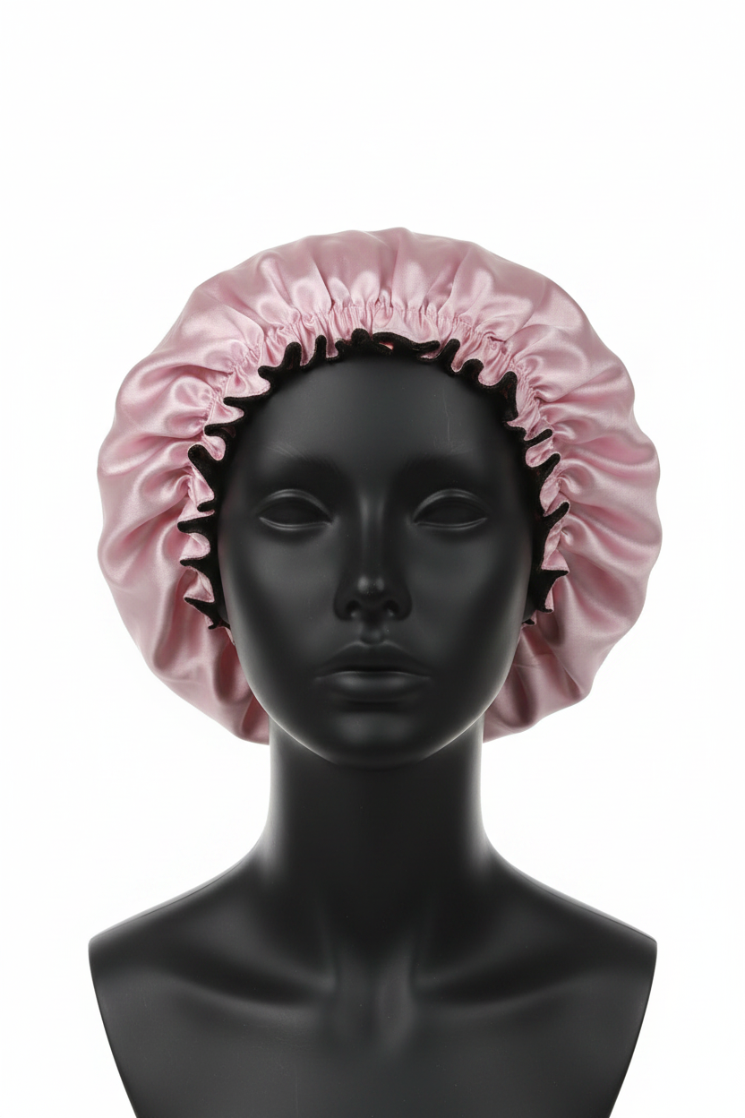 Pink Satin Bonnet on Black Mannequin